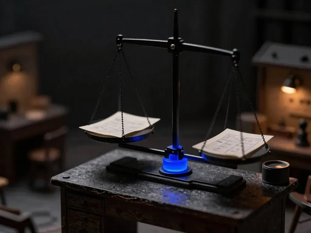 A close-up miniature scale weighing two draft pages against a glowing blue acrylic reference weight, showing how a good answer gets judged.