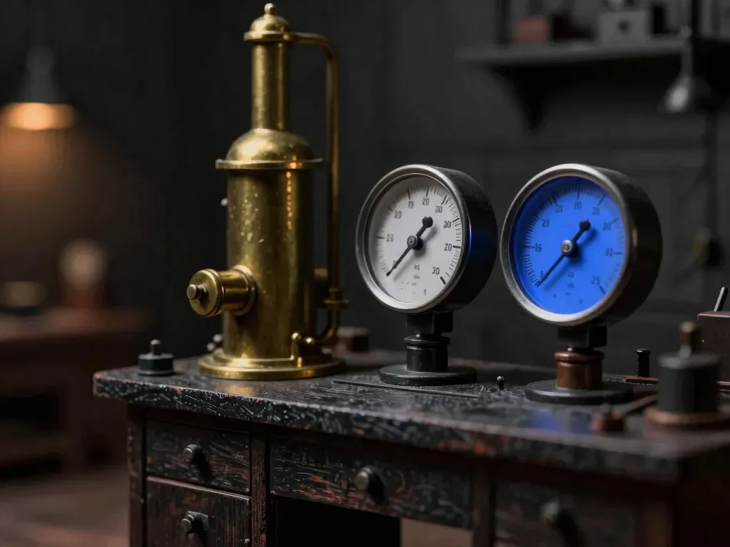A faceless wooden engineer figurine holds a wrench between an old brass gauge and a new gauge showing different readings, the connecting pipe glowing blue, showing legacy and new systems disagreeing.