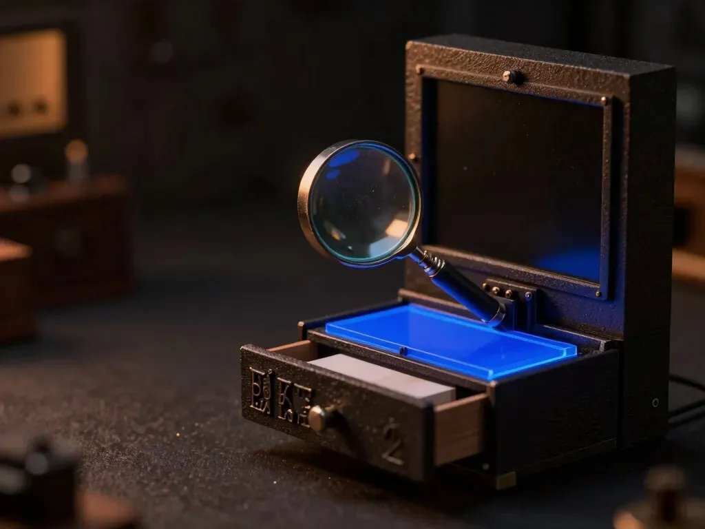 A faceless wooden analyst figurine finds a future-dated folder misfiled in a drawer under a magnifying glass, the sorting mechanism glowing blue, showing a model that leaked future data.