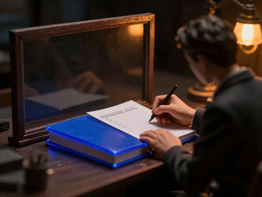A faceless wooden expert figurine dictates a checklist to a clerk transcribing into a rulebook, the rulebook spine glowing blue, showing experts codifying what good looks like.