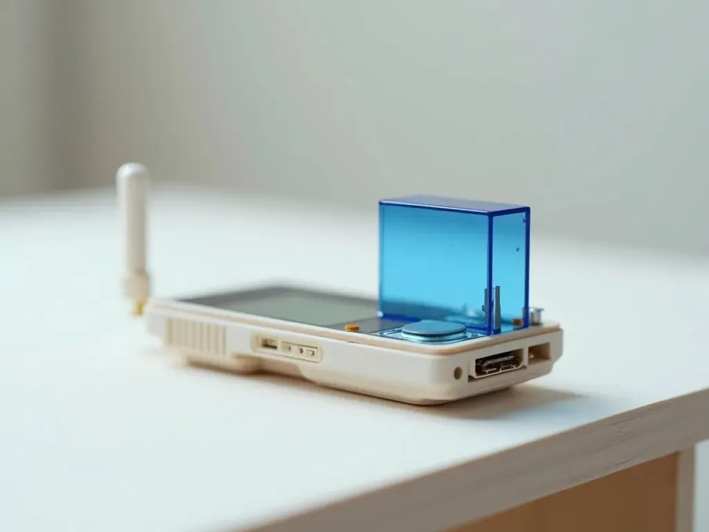 A close-up miniature handheld device with its antenna disconnected and a glowing blue acrylic storage cartridge still holding data, showing an app working with no connection.