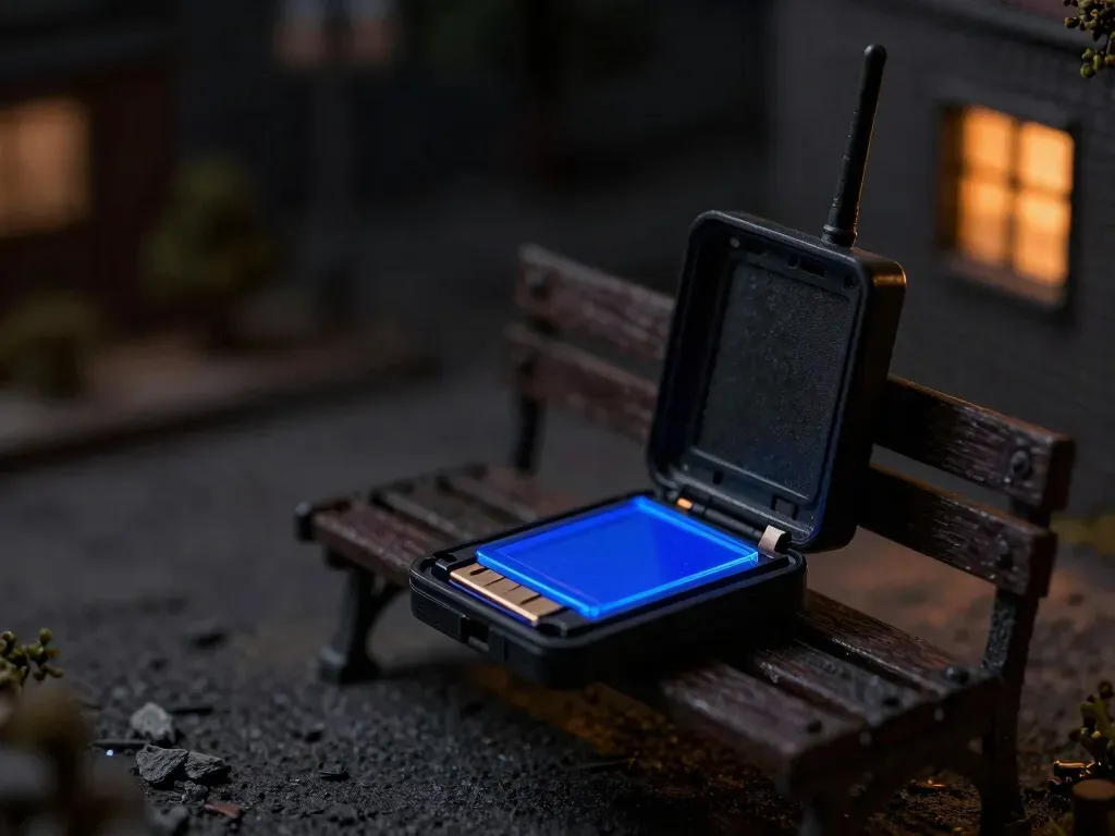 A close-up miniature handheld device with its antenna disconnected and a glowing blue acrylic storage cartridge still holding data, showing an app working with no connection.