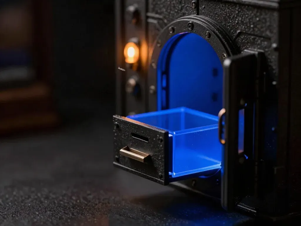 A close-up miniature vault pass-through drawer with a glowing blue acrylic sealed chamber that never opens outward, showing a system built to stay out of card data.