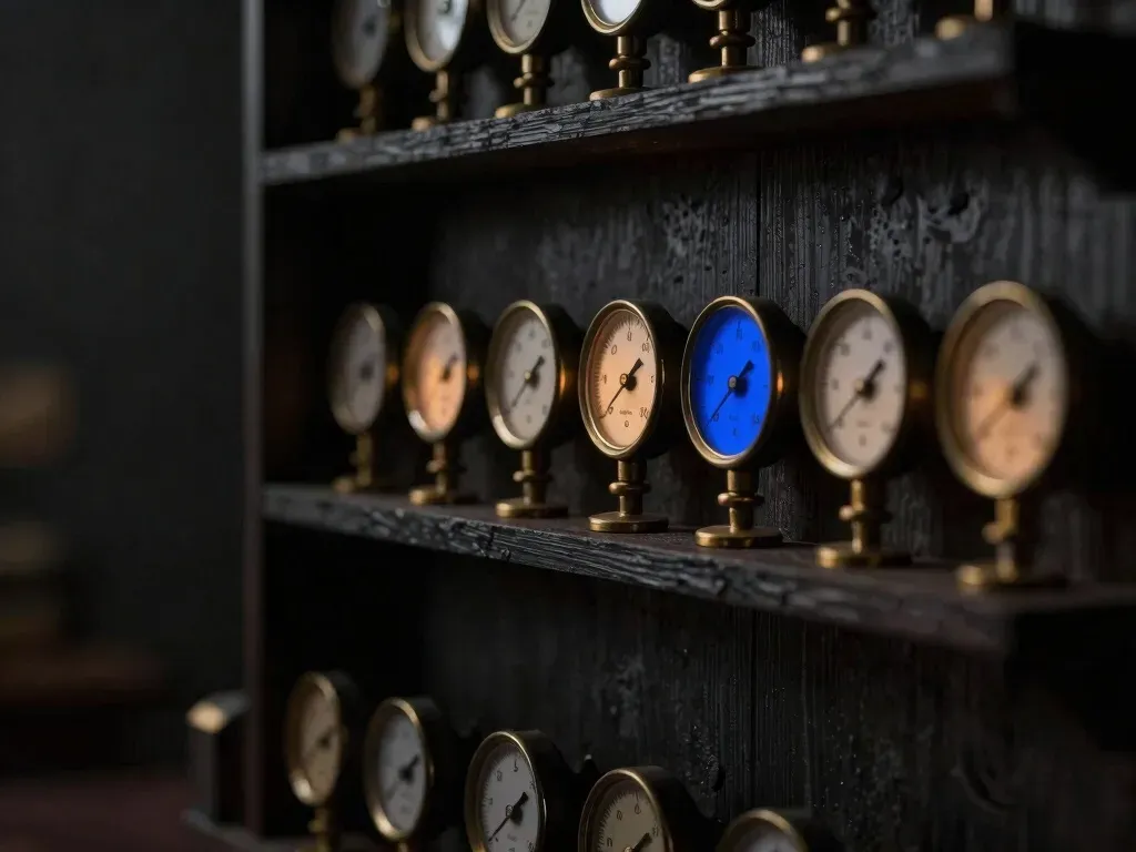 A faceless wooden analyst figurine checks wiring behind a row of brass gauges all reading the same number, the wiring junction glowing blue, showing a forecast that quietly cheats.