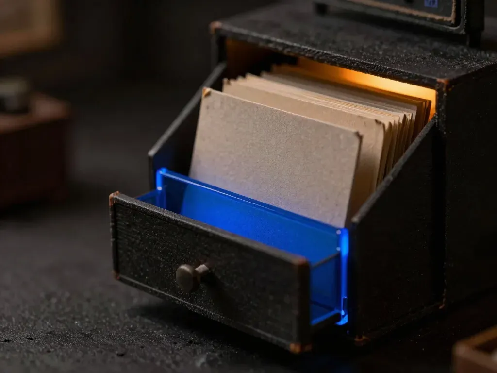 A faceless wooden librarian figurine pulls a torn folder from a stuffed drawer of mismatched papers, the sorting rail glowing blue, showing the challenge of a system's worst documents.