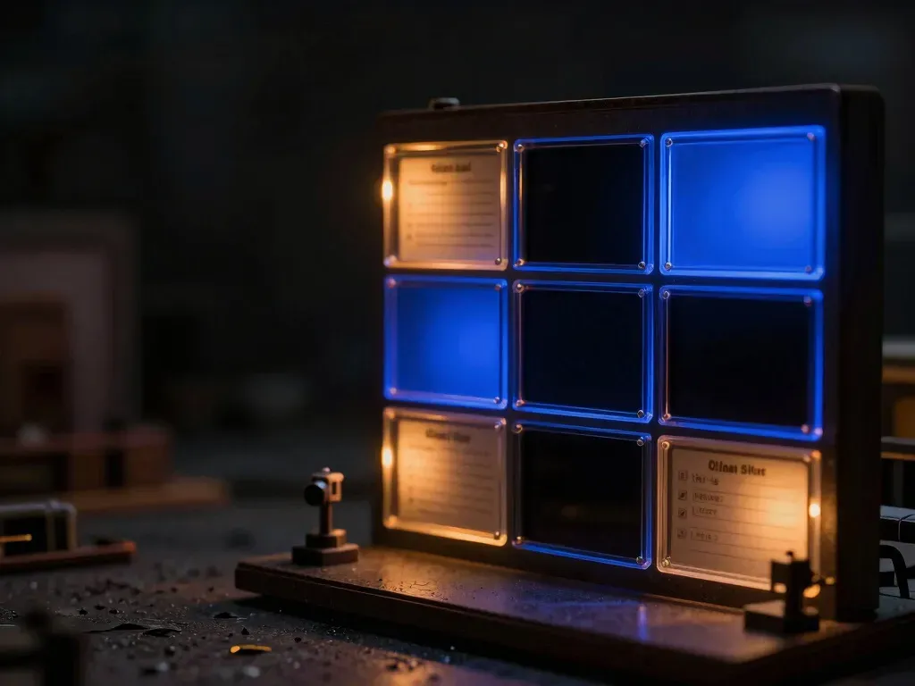 A faceless wooden builder figurine chooses a simplified gear over a full brass assembly at a workbench with a checklist, the chosen gear housing glowing blue, showing MVP shortcut decisions.