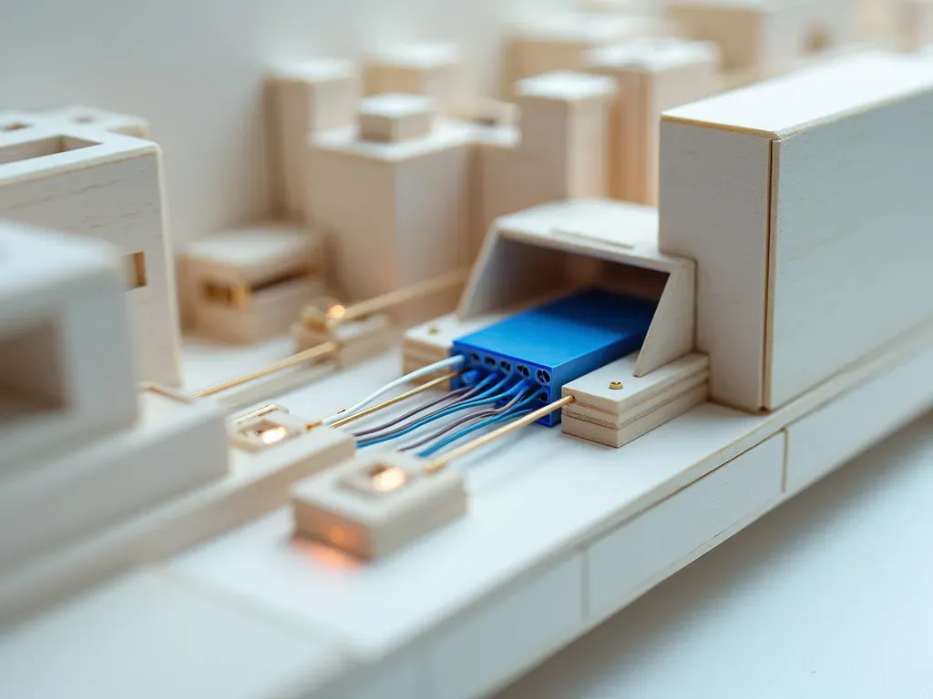 A close-up miniature open access panel with tangled, unlabeled wiring and a glowing blue acrylic junction, showing a system nobody can explain.
