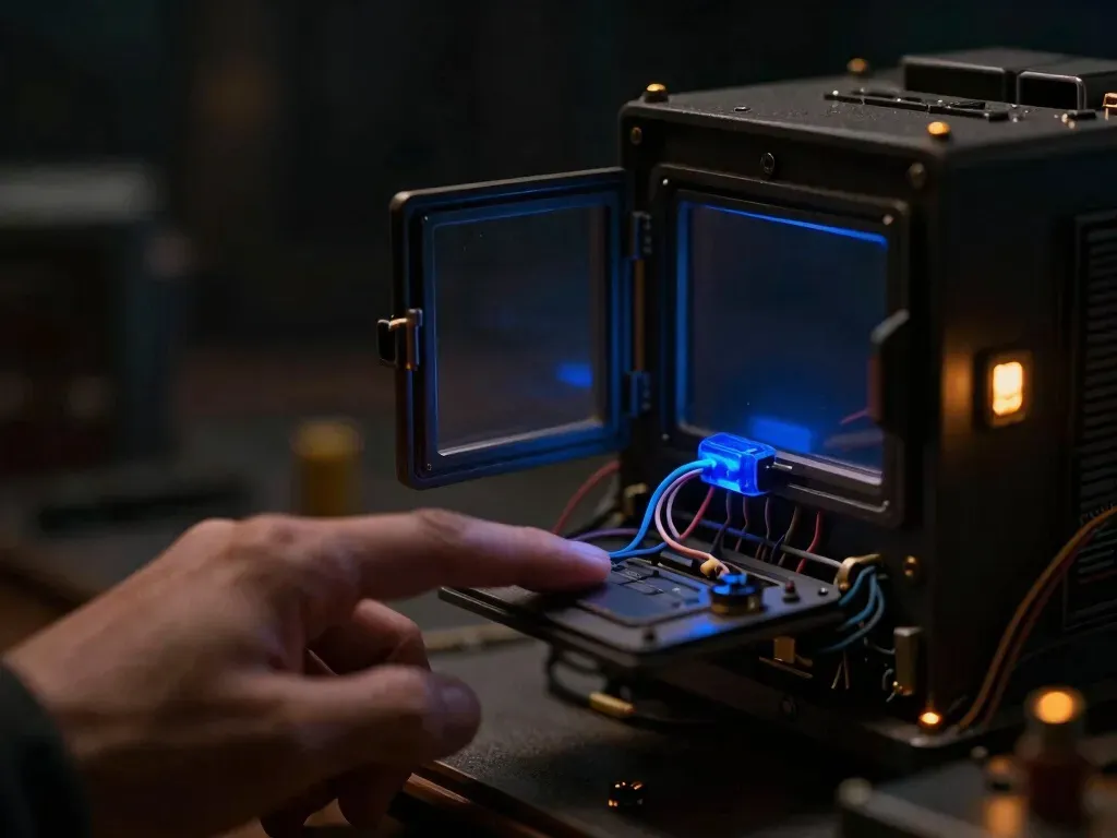 A close-up miniature open access panel with tangled, unlabeled wiring and a glowing blue acrylic junction, showing a system nobody can explain.