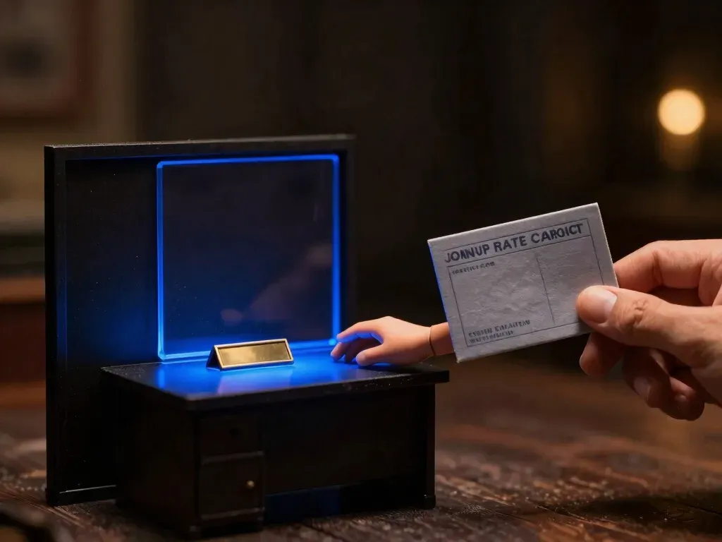 A faceless wooden client figurine holds a rate card while reaching toward one desk with a brass nameplate among rows of desks, the marked desk glowing blue, showing what a rate card cannot capture.