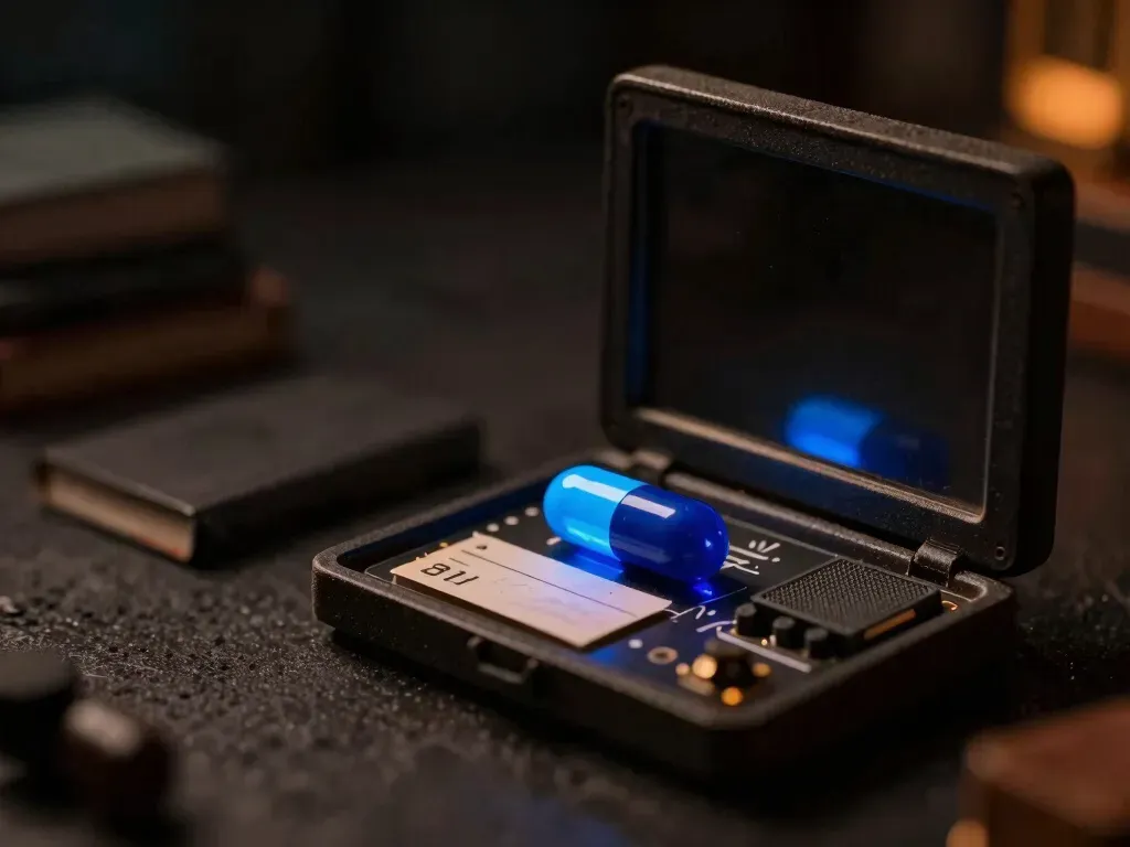 A close-up miniature capsule with a torn name-slip and static-etched speaker grille beside a glowing blue acrylic reader, showing names and noise as the real failure point.