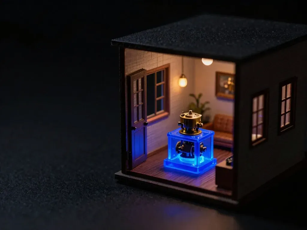 A cutaway house model shows a brass gearbox built into the living room floor instead of a separate box, the gearbox glowing blue, showing AI embedded inside the product.
