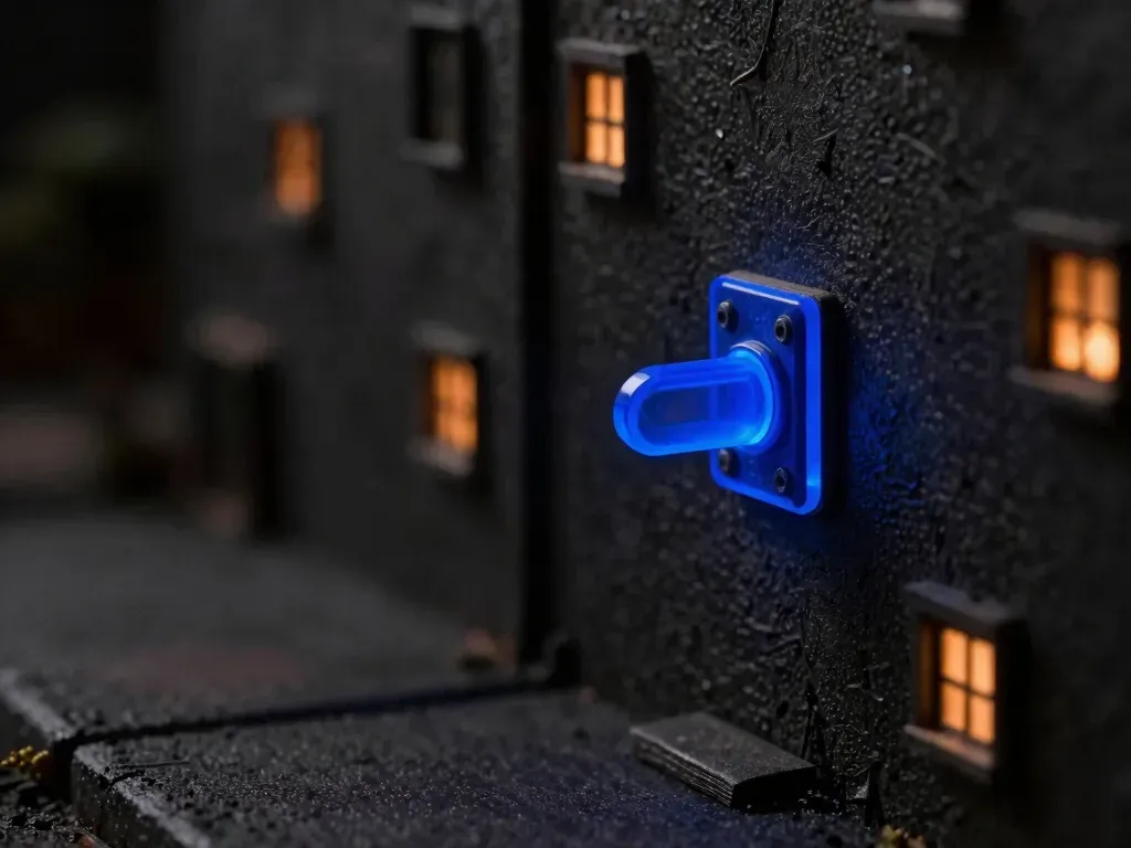 A faceless wooden operator figurine stands beside a wall switch with a boundary line painted on the floor, the switch core glowing blue, showing limits on what an AI system may do alone.
