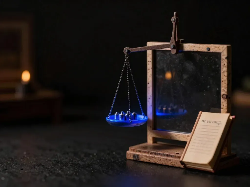 A close miniature balance scale in white board and birch, with the loaded pan and its arm glowing blue acrylic to show who carries the risk on a fixed price.