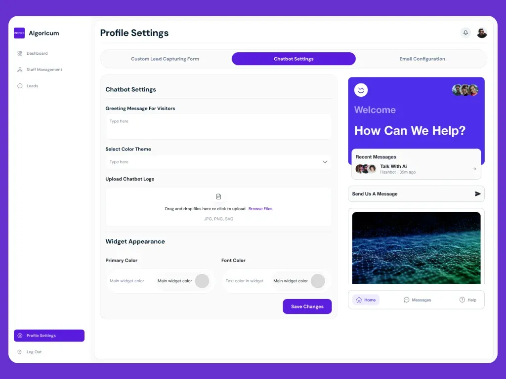 Algoricum chatbot settings with greeting, theme, and widget appearance controls
