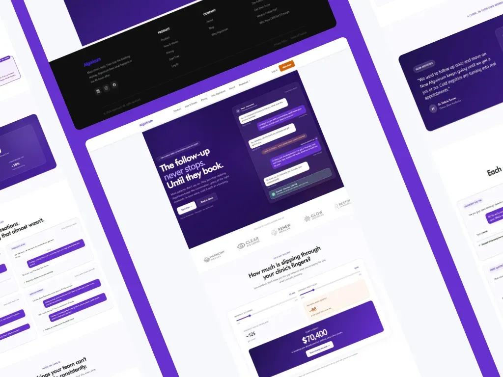 Collage of Algoricum site pages with clinic client logos and follow-up conversation examples