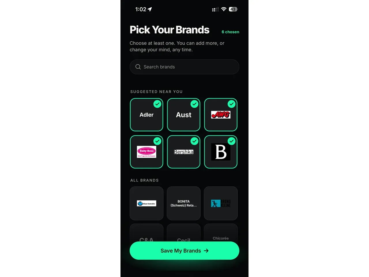 BrandLocator app Pick Your Brands screen with six brands selected, a search field and a Save My Brands button.