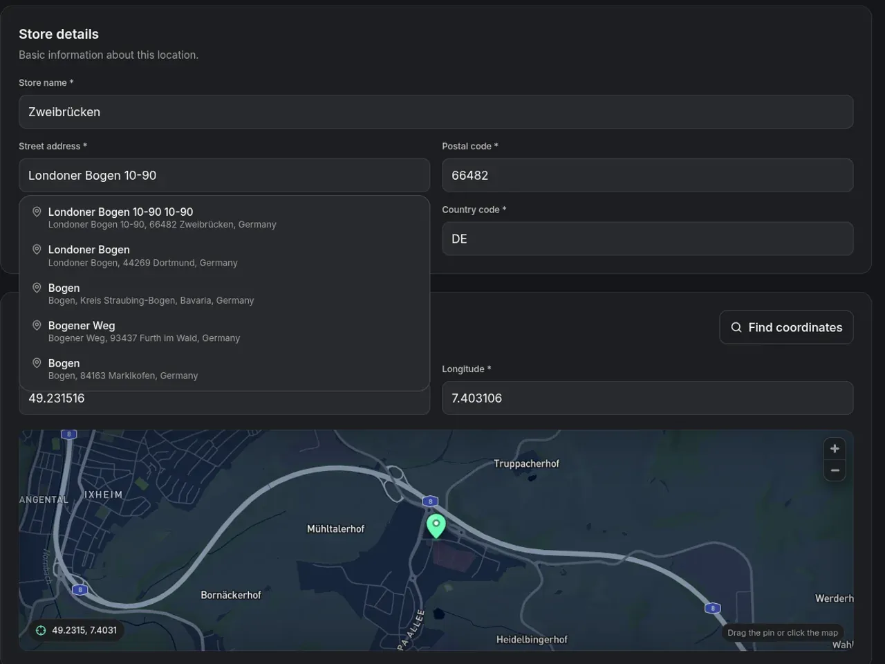 BrandLocator admin store form with address suggestions, coordinates and a map pin the admin can drag.