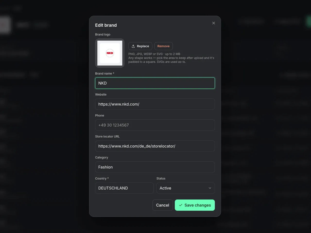 BrandLocator admin Edit brand dialog with logo upload, name, website, store locator URL, category, country and status.