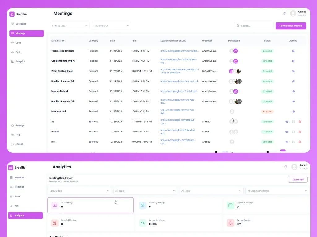 Broollie meetings list and analytics export dashboard