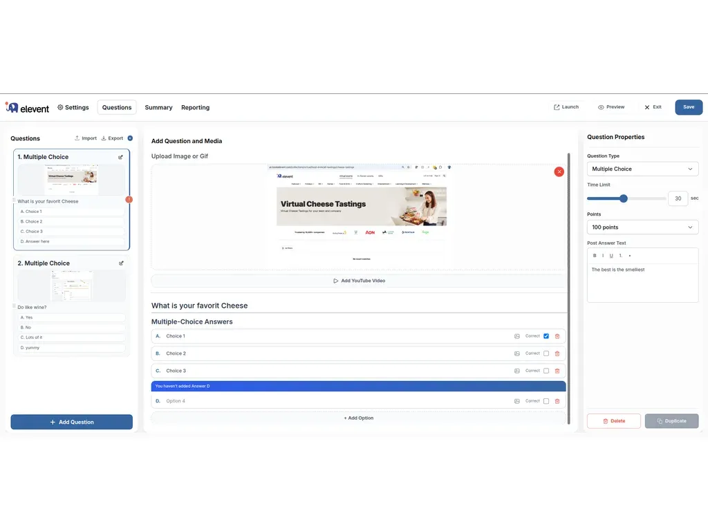 Elevent question editor with media upload, timing, and scoring properties