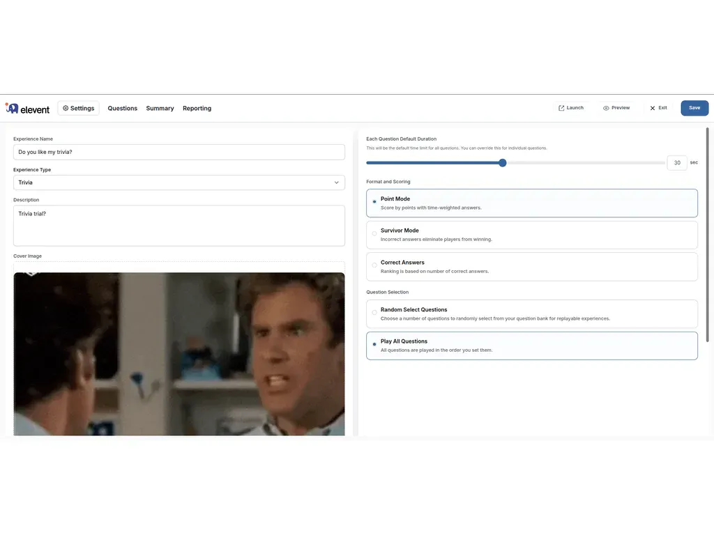 Elevent experience settings — point mode, survivor mode, and question selection
