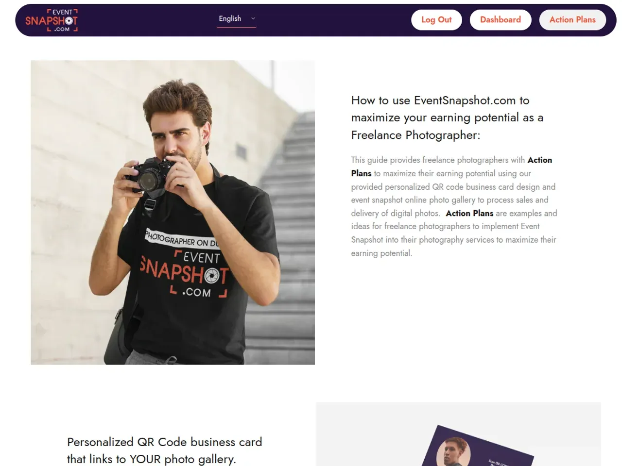 Event Snapshot Action Plans page: a photographer with a camera and a guide to selling with QR code cards.