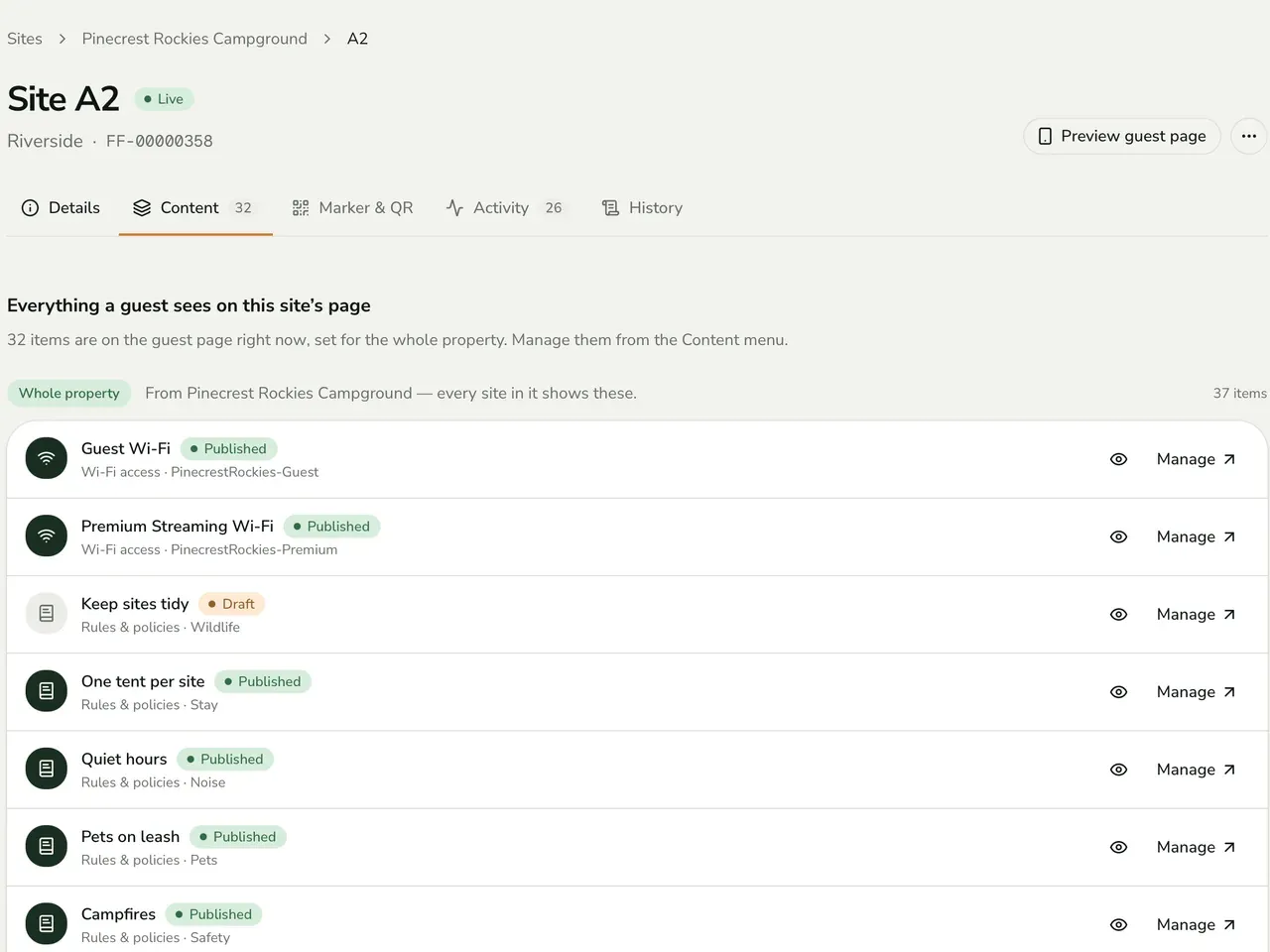 Content tab for site A2 listing Wi-Fi and rules items, each marked published or draft.