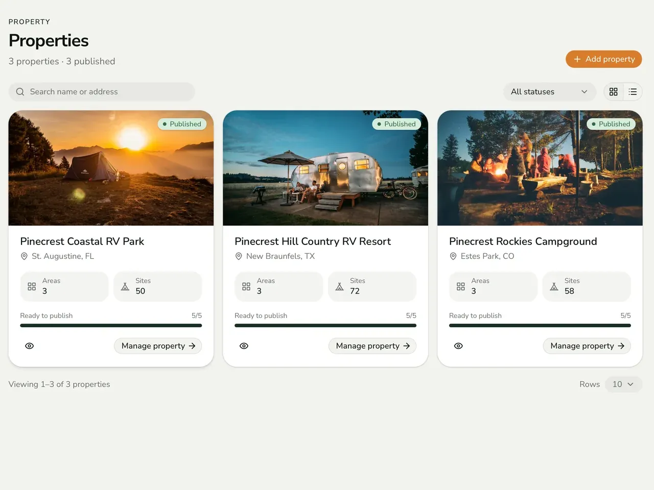 Properties screen with three published park cards, each showing its area and site counts.