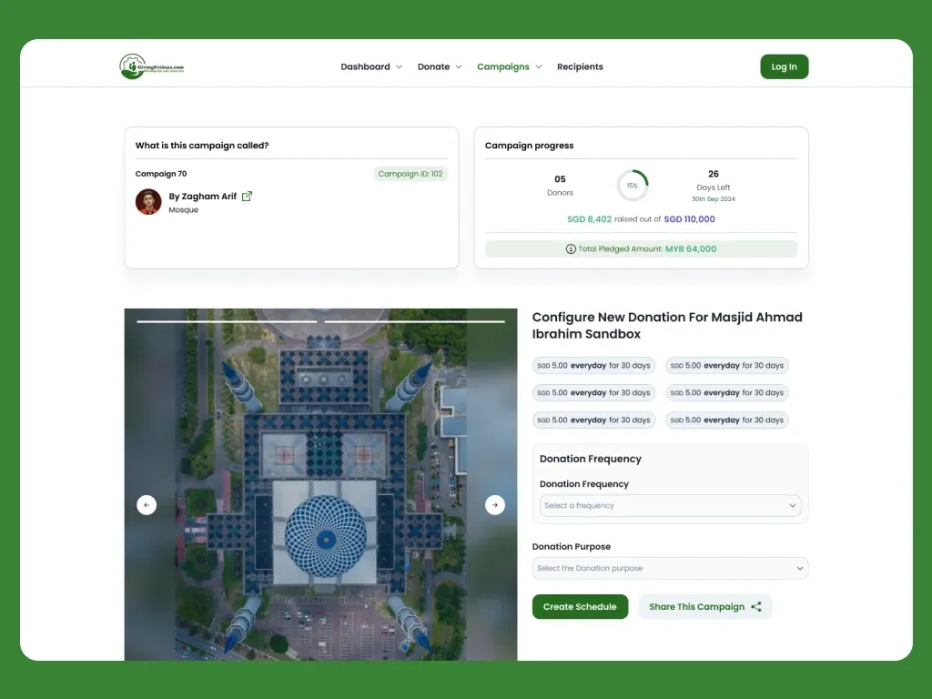 GivingFridays campaign page with donor count, progress, and schedule configuration
