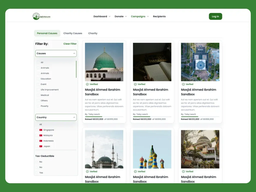 GivingFridays campaign browsing with cause, country, and tax-deductible filters
