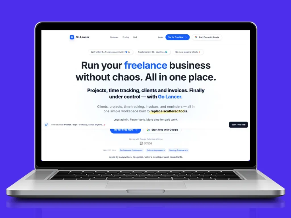 Go Lancer landing page for running a freelance business in one place