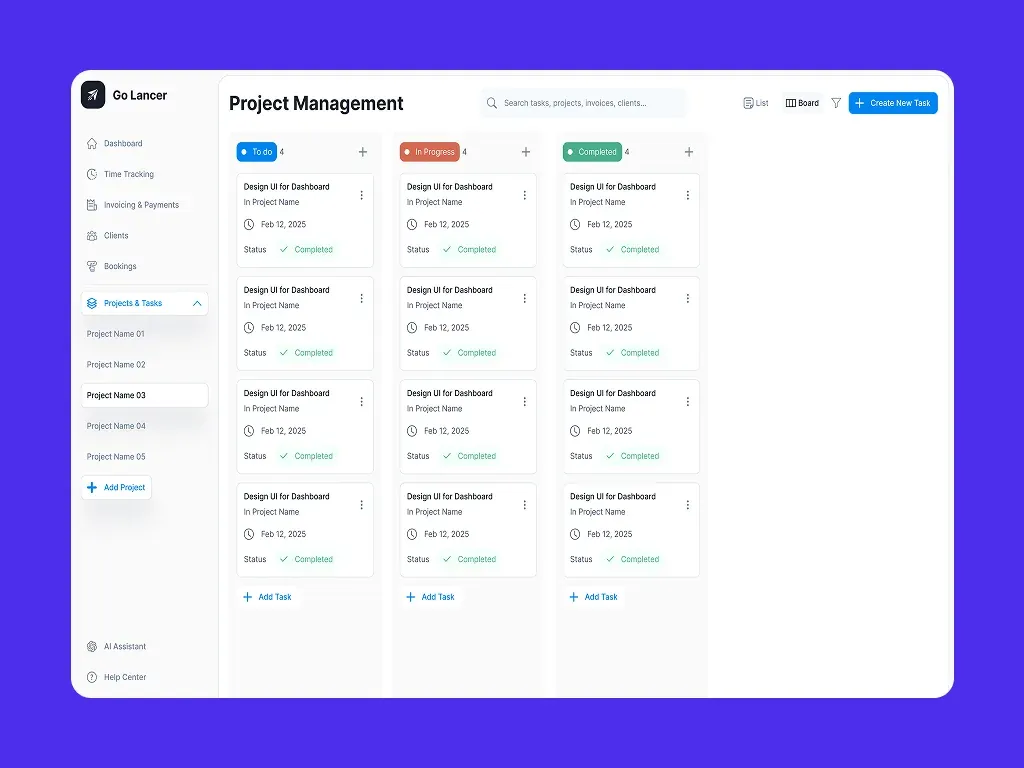 Go Lancer project board with to-do, in-progress and completed tasks