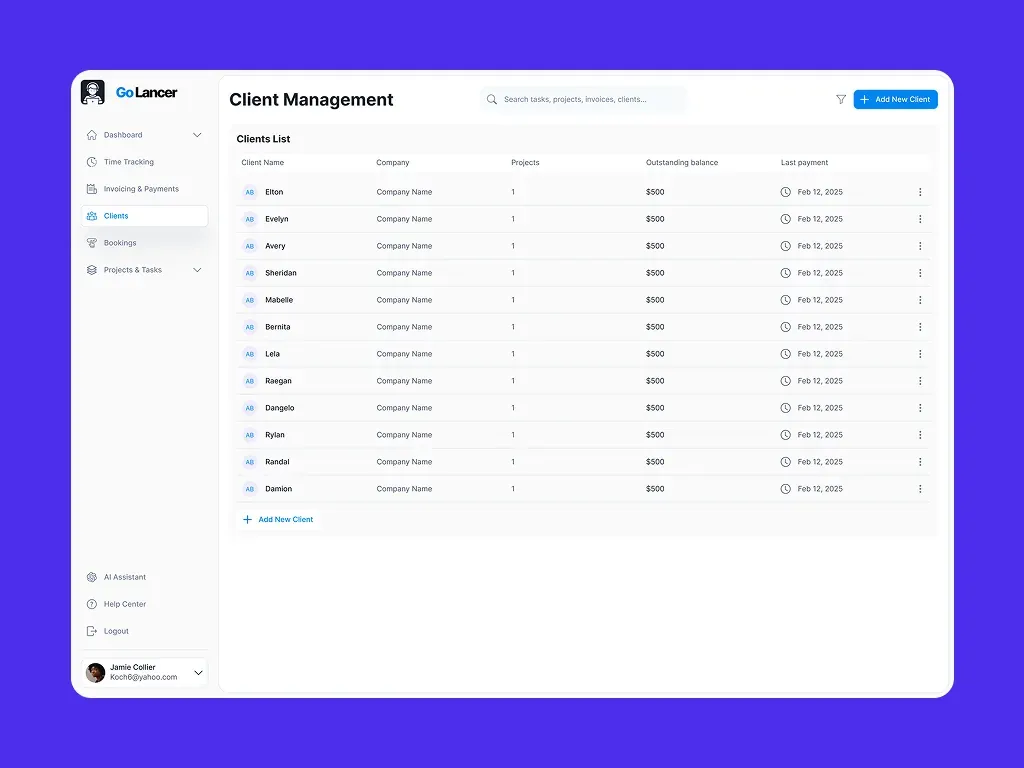 Go Lancer client management with outstanding balances