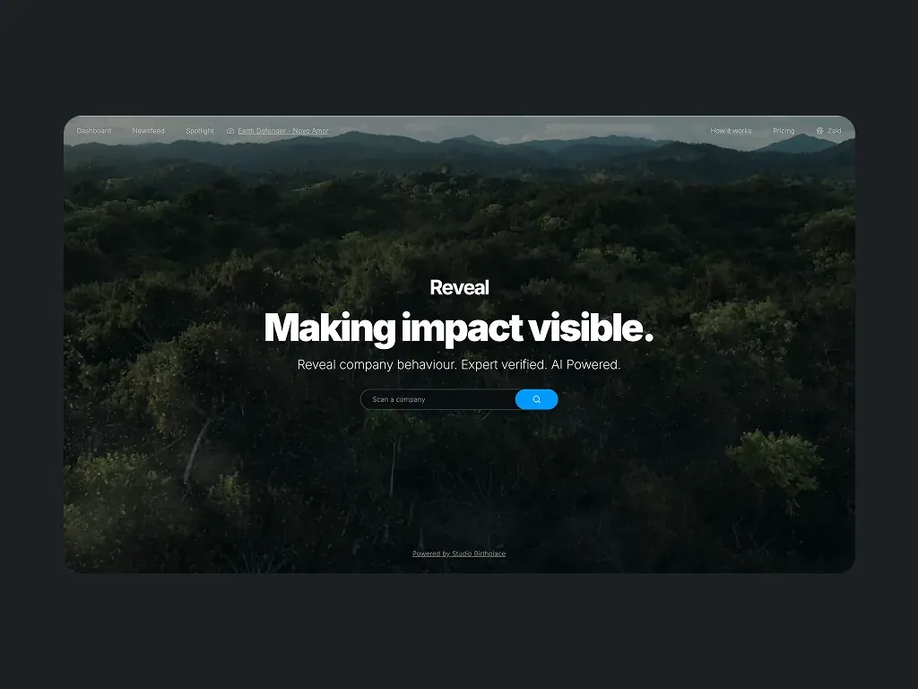 Reveal landing page — scan a company for verified sustainability behaviour