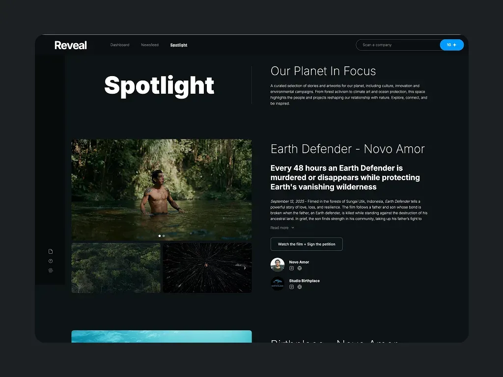 Reveal spotlight page featuring environmental stories and campaigns