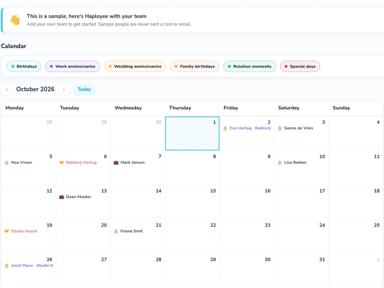 Haployee calendar for October 2026 with birthdays, work anniversaries and relation moments marked on dates