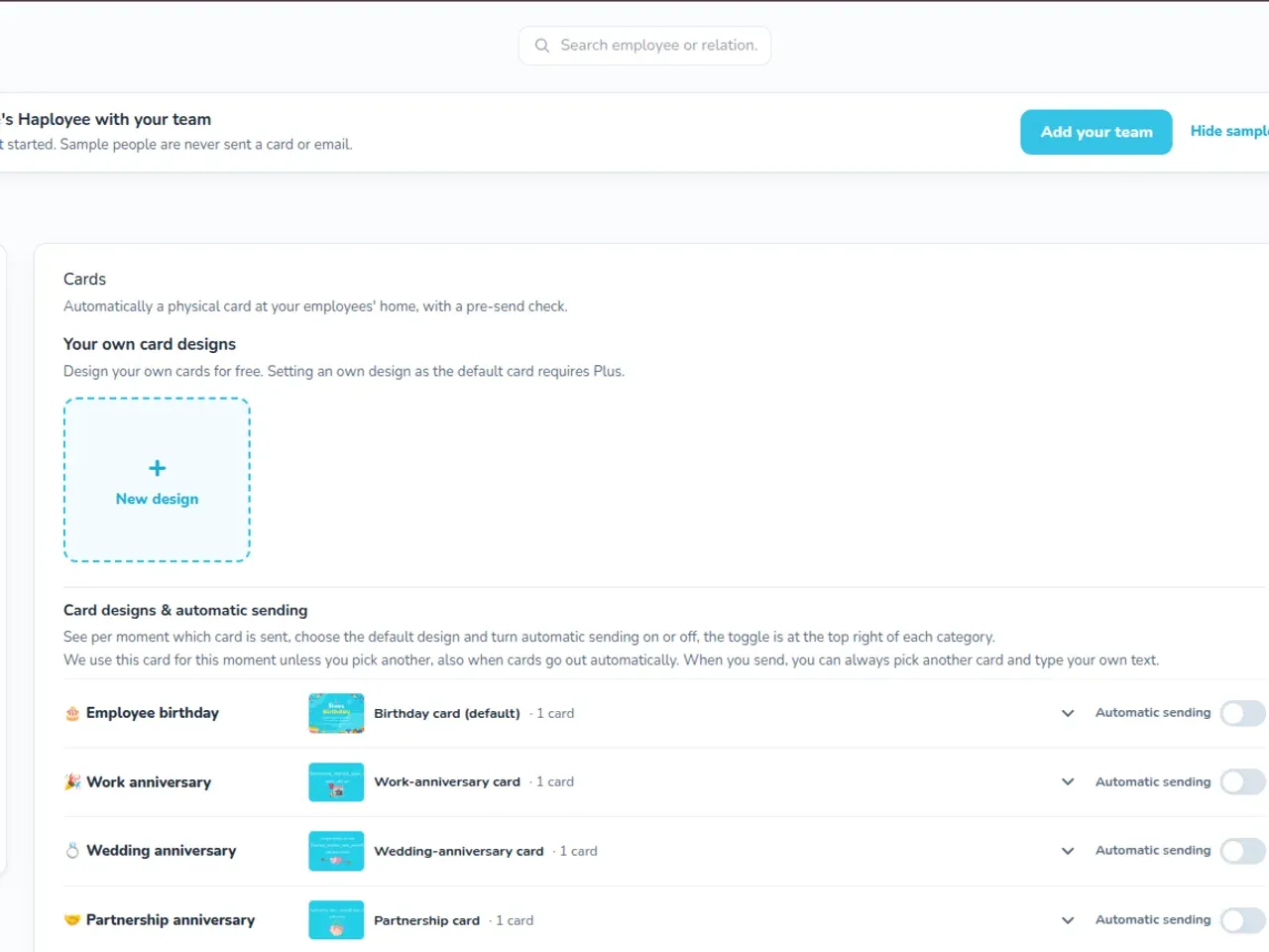 Haployee card settings listing a default card per moment type with an automatic sending toggle