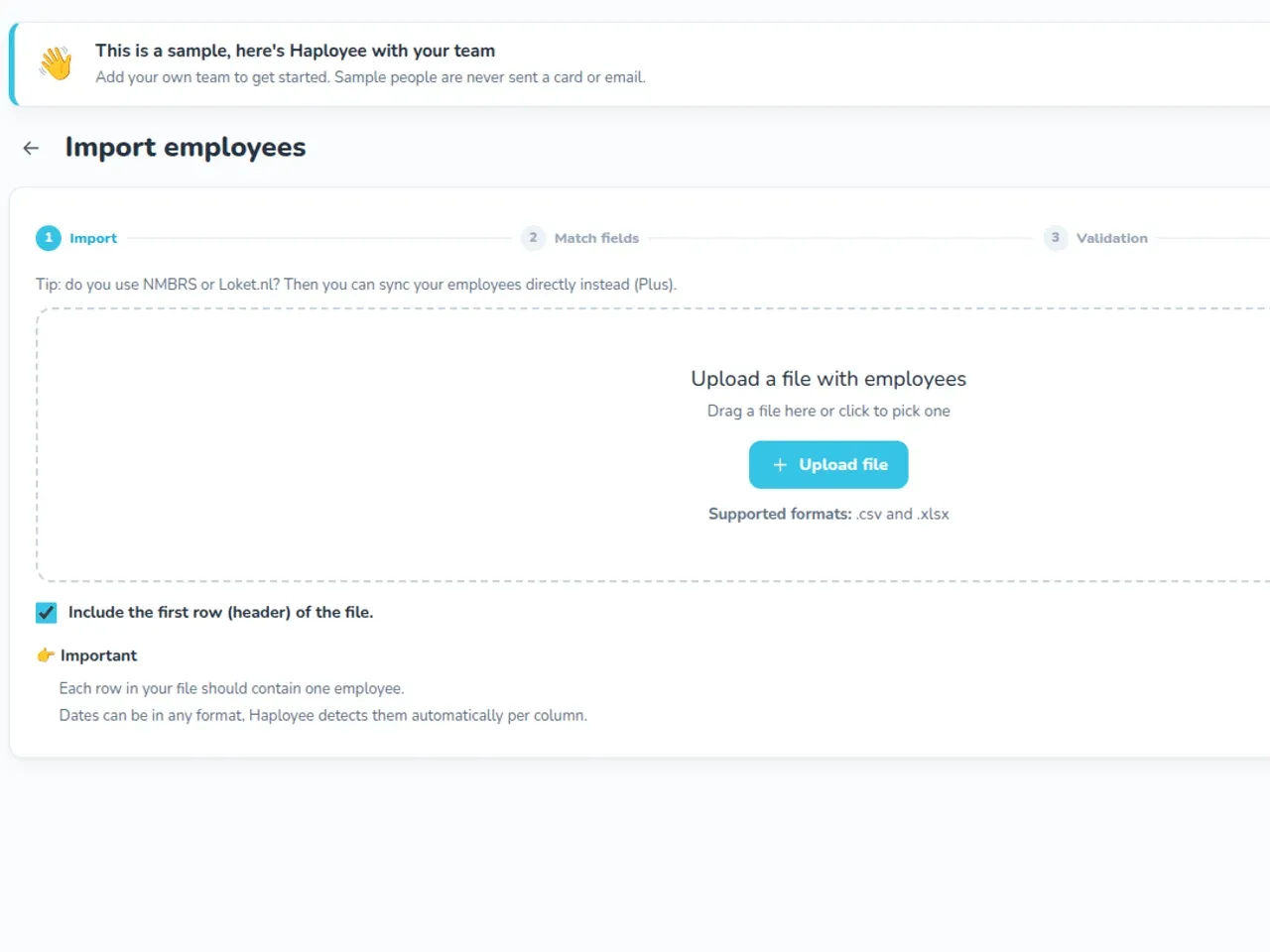 Haployee import employees screen with a file upload area and match fields and validation steps