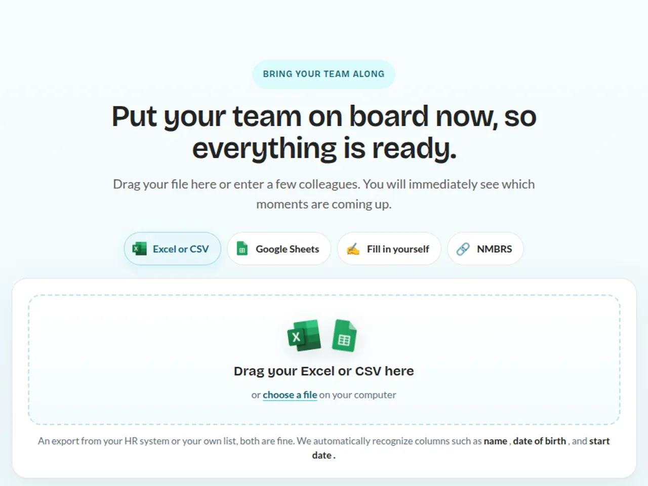 Haployee onboarding page with tabs for Excel or CSV, Google Sheets, Fill in yourself and NMBRS