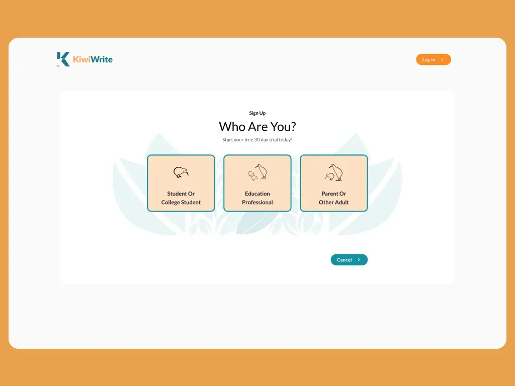 KiwiWrite sign-up step asking whether the user is a student, education professional, or parent