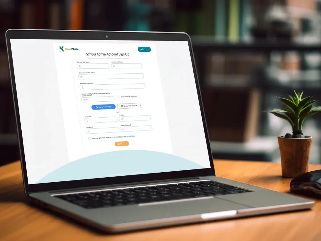 KiwiWrite school admin account sign-up with district domain and roster settings