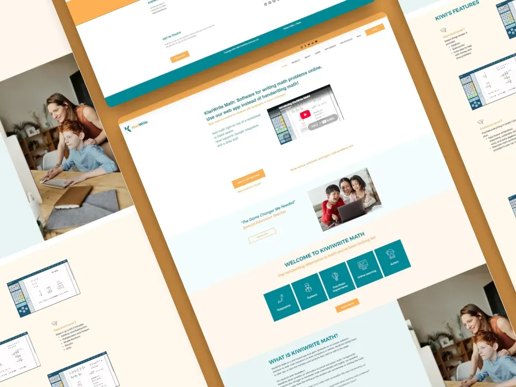 KiwiWrite site pages showing the four keyboard levels and support for dysgraphia, dyslexia, and fine-motor needs