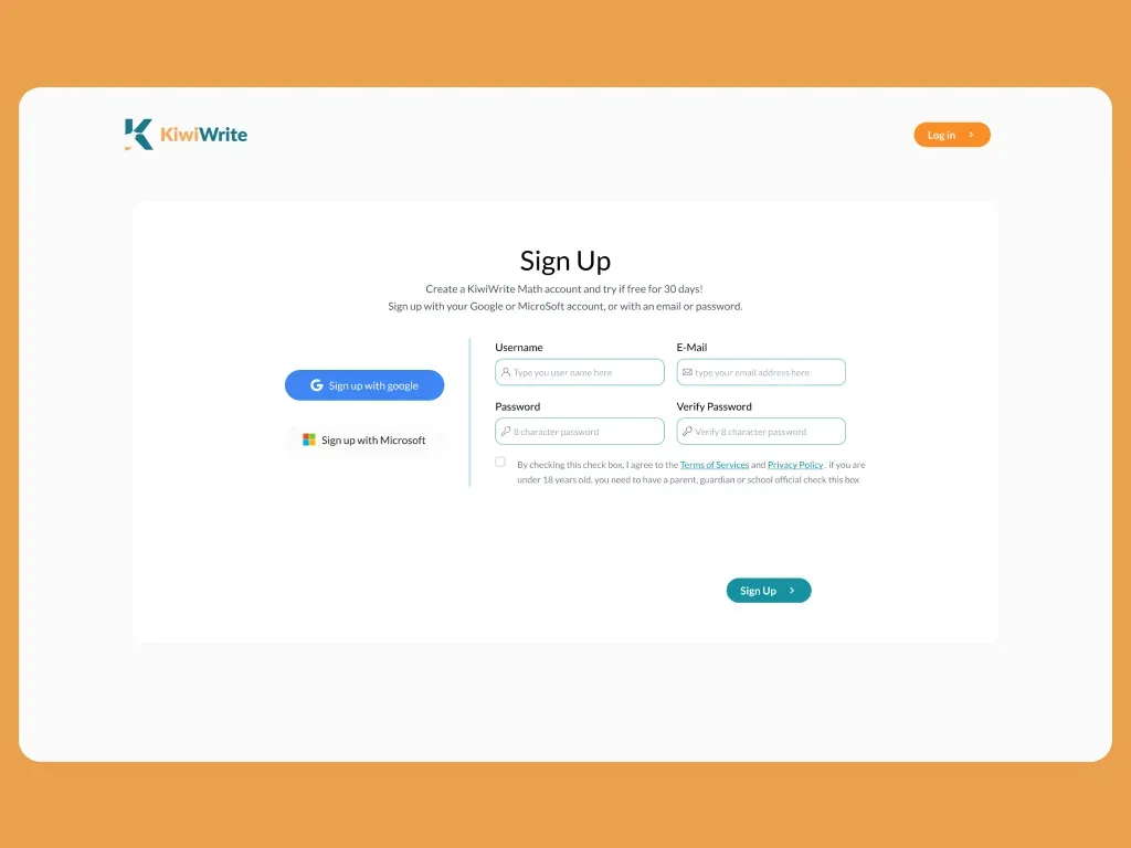 KiwiWrite account creation with Google and Microsoft sign-in options