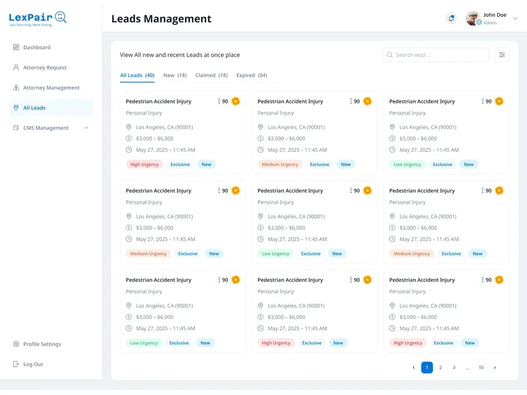 Lexpair leads management with new, claimed, and expired lead tabs