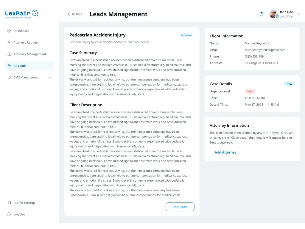 Lexpair lead detail with case summary, client information, and urgency