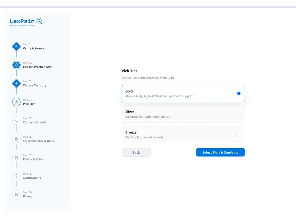 Lexpair attorney onboarding — tier selection step