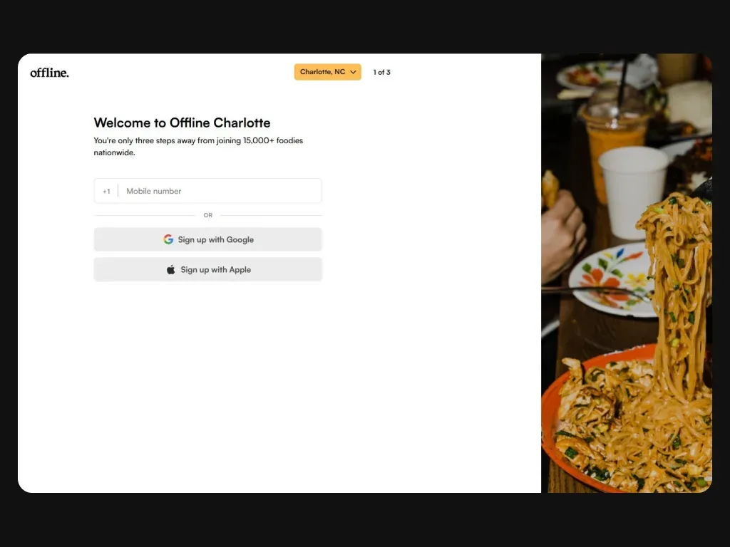 Offline sign-up for the Charlotte market with phone, Google, and Apple options