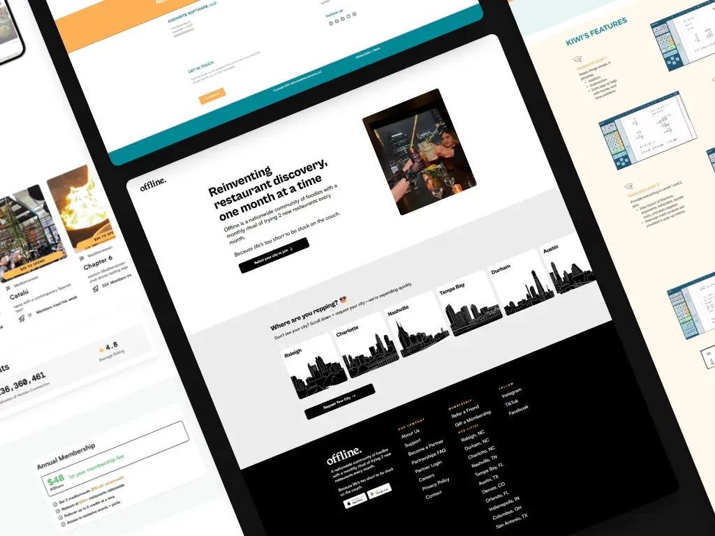 Offline site pages listing member cities from Raleigh to Austin