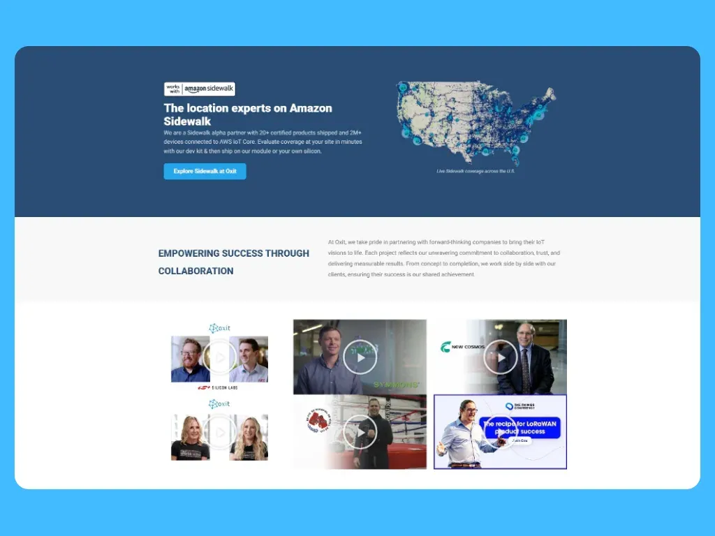 Oxit Amazon Sidewalk page with live US coverage map and partner interview videos