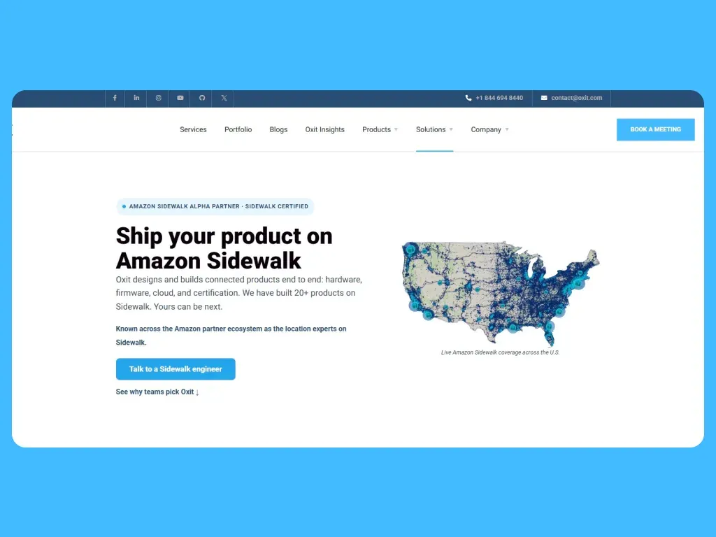 Oxit Sidewalk solution page describing hardware, firmware, cloud, and certification work